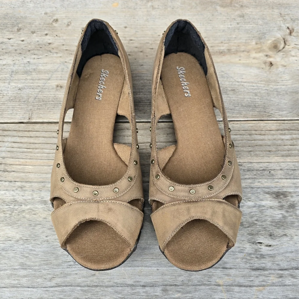 Skechers Bikers Y2K Boho Minimalist Nubuck Studded Peep Toe Comfort Flats 9.5M